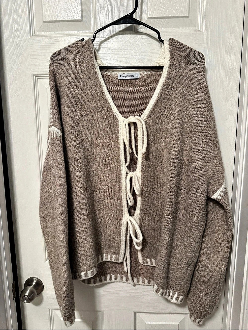 Knit Tie-Front Cardigan in Brown & Cream Like New